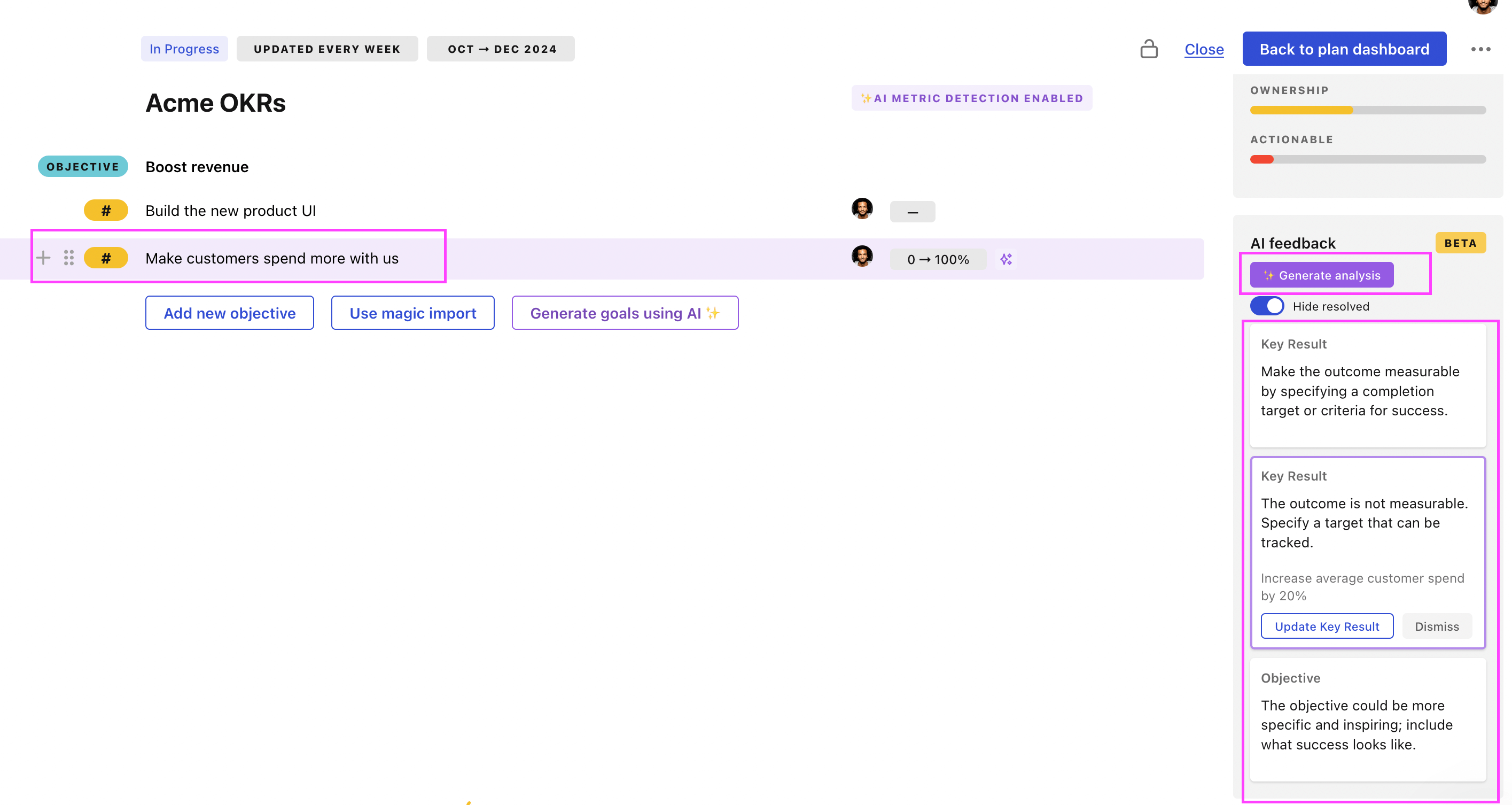 AI feedback for OKRs in Tability